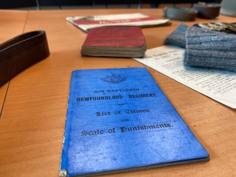 A blue booklet displayed with other documents on a table.