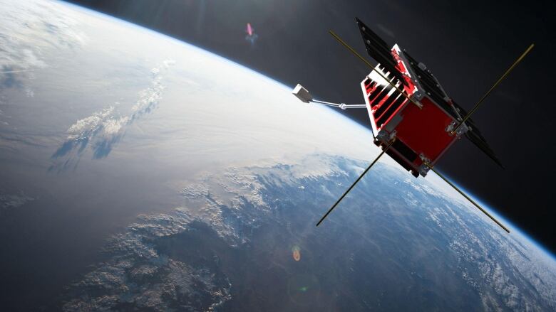 A red satellite with Earth in the background