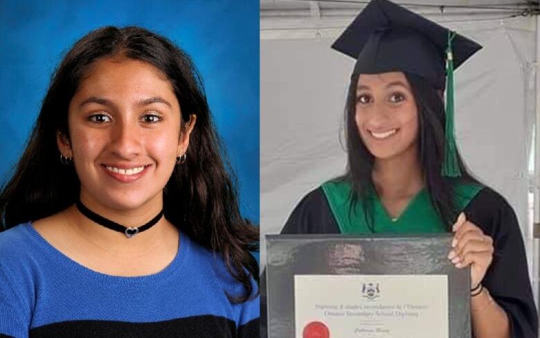 A profile photo of one teen girl on the left and another at graduation on the right.