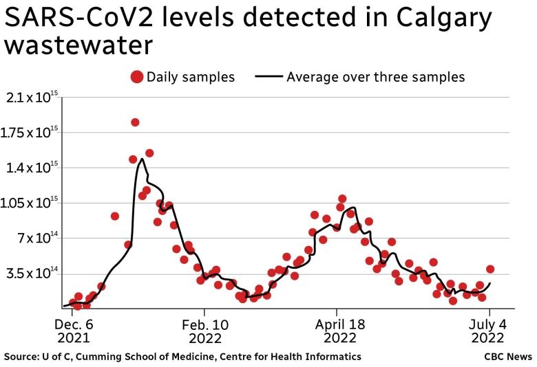 This chart shows the two most recent COVID-19 waves in the Calgary wastewater readings. There is a large wave at the end of 2021 with a second wave about half as high in the spring of 2022 that subsides into June. There is a strong uptick in recent readings but still lower than the previous two peaks.