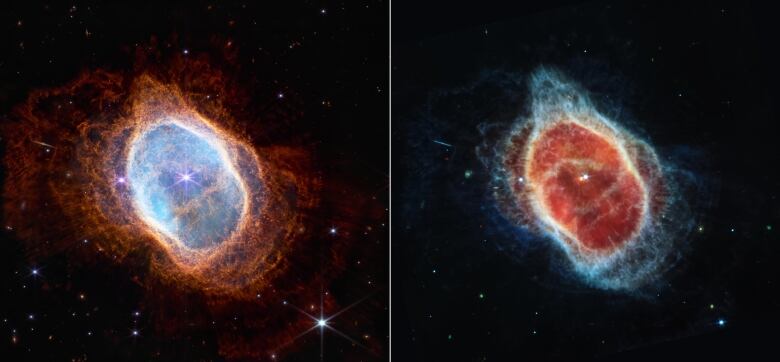 Two images of nebulae  with blue coloured core and orange colour around it.