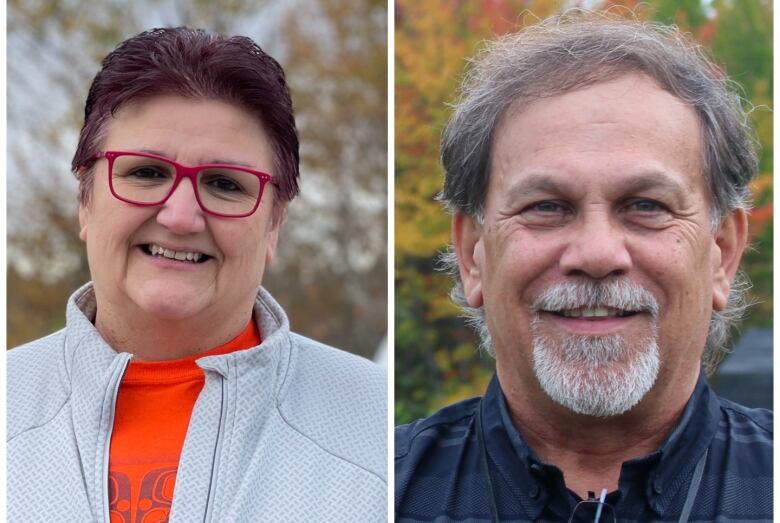 A split photo of a woman, left, with short hair, and a man, right, with grey hair and a beard.