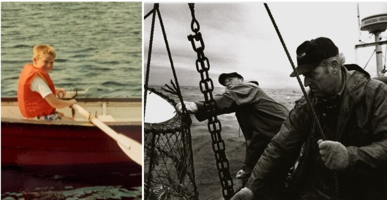 Two photos are side by side. In a colour photo on the left, a young boy wearing a life-jacket holds an oar in a rowboat. In a black and white archival photo of two men hauling traps aboard a fishing boat. One is older than the other. 