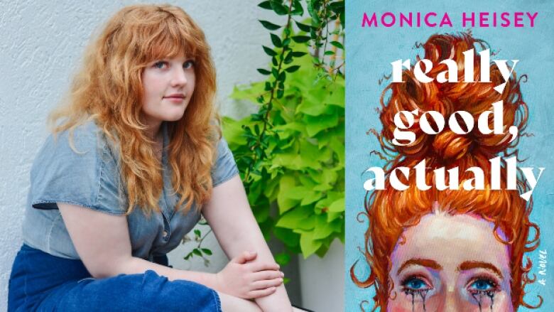 A composite photo of a cook cover featuring an illustration of a woman with lots of red hair crying and a photo of the author, a young woman with a lot of red hair and bangs.