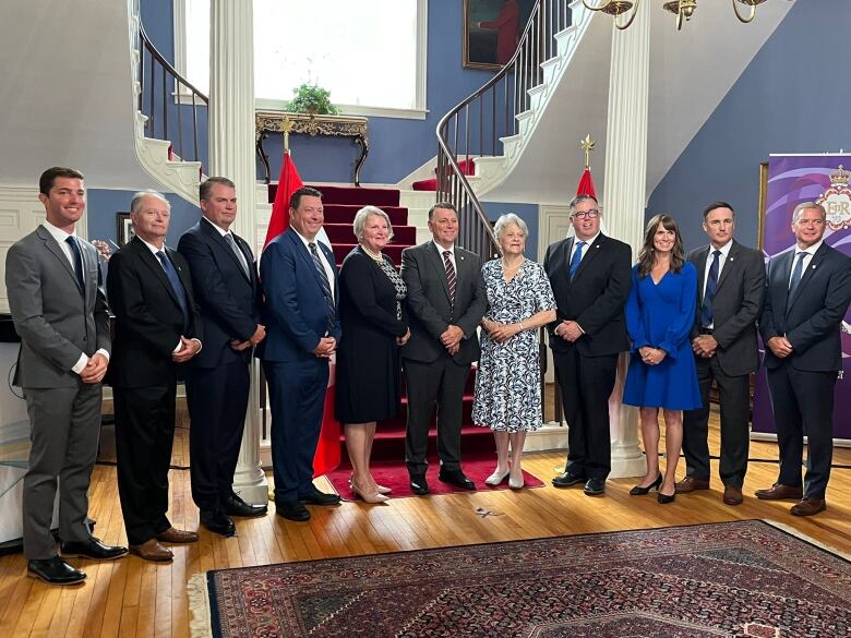 P.E.I. Premier Dennis King poses with his new cabinet at Government House, July 15, 2021. Left to right are Cory Deagle, Ernie Hudson, Bloyce Thompson, Matthew MacKay, Darlene Compton, Premier Dennis King, Lt.-Gov. Antoinette Perry, Steven Myers, Natalie Jameson, Jamie Fox and Mark McLane.