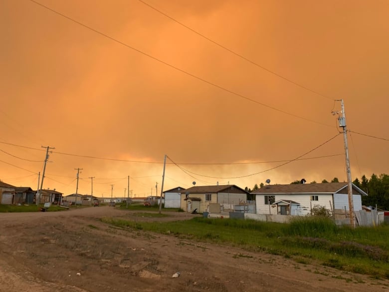 A row of single-storey houses and a dirt road are shown with an orange, smoke-filled sky overhead.