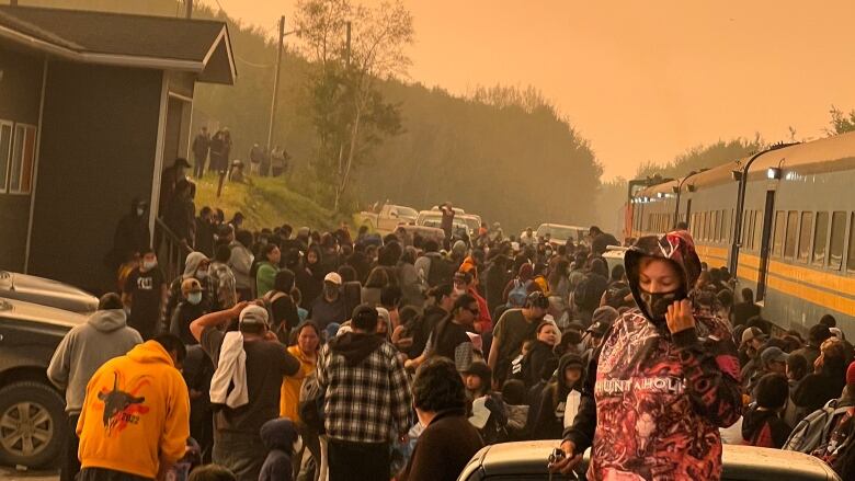 A large group of people lines up beside a train under a sky that is orange and hazy.