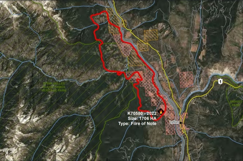 A BC Wildfire Service satellite map shows Nohomin Creek wildfire, which started Thursday and grew to 17 square kilometres Sunday afternoon  a nearly 14 per cent increase in size from the previous day.