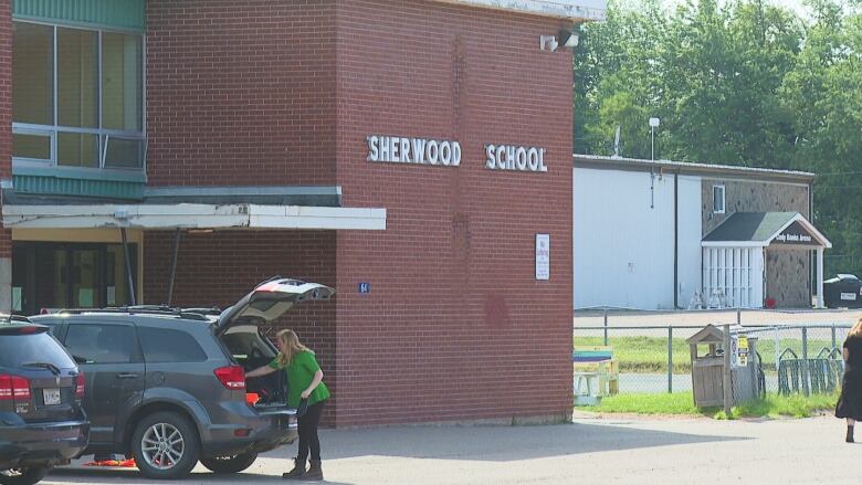 Outside of a brick building that says Sherwood School.