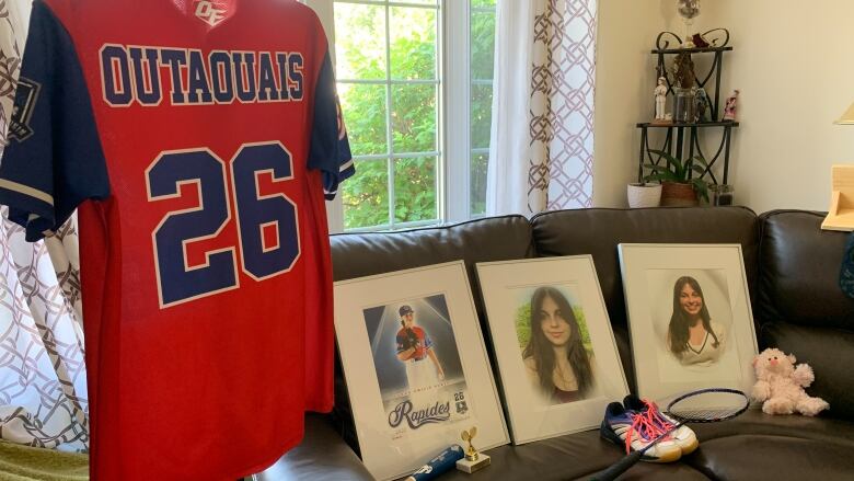 Photos of a girl and a baseball jersey.