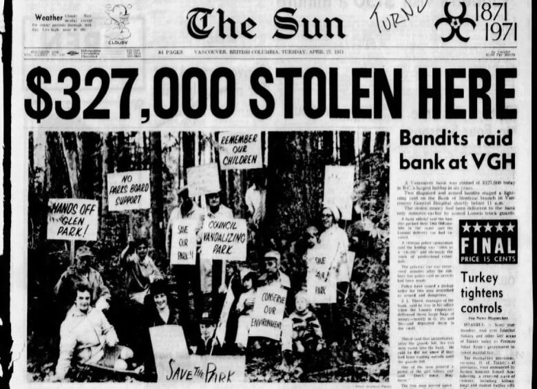 The front page of the Vancouver Sun newspaper on April 27, 1971, a day after armed robbers stole the equivalent of $2.4 million in today's dollars from a Bank of Montreal branch at Vancouver General Hospital, at the time the largest bank heist in B.C. history.