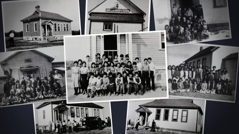 Eight black-and-white historical photos show school buildings and groups of students.