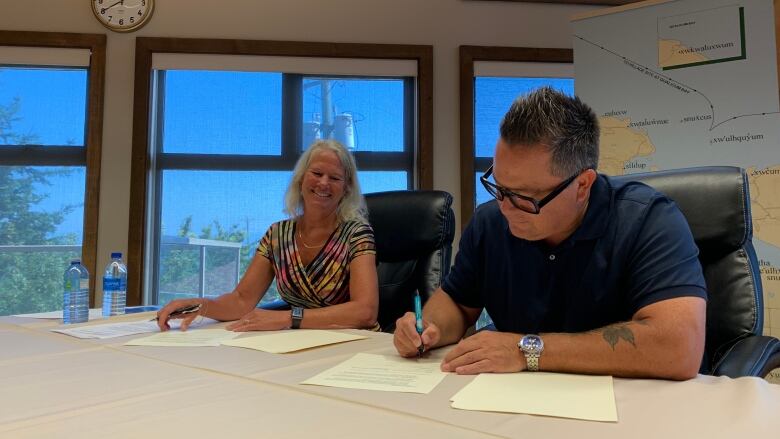 Jill Sharland smiles as William Yoachim signs a document in a conference room.