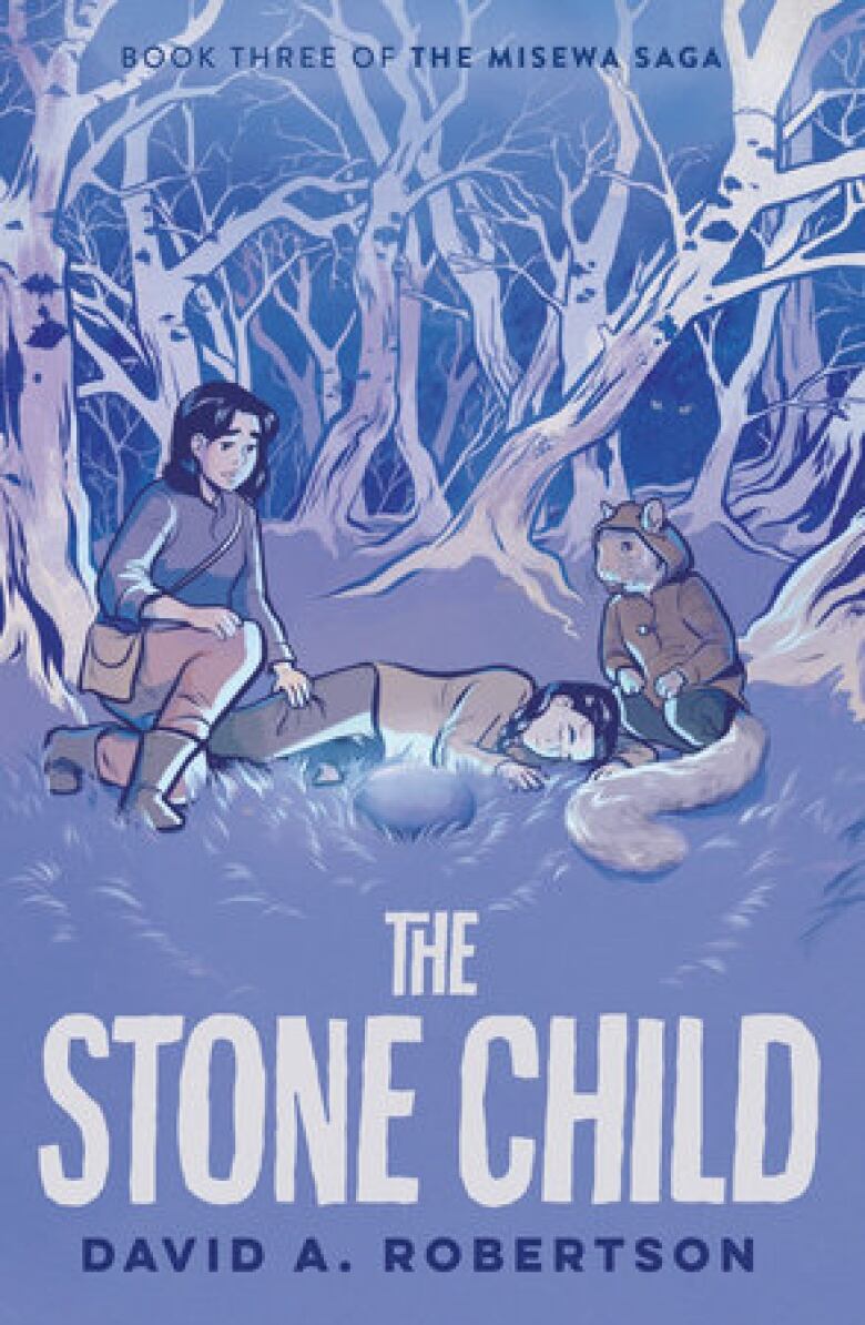 A child lies next to a glowing stone. A squirrel and a woman comfort her. 