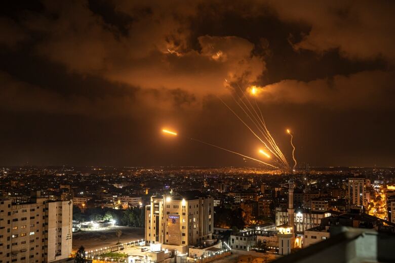 Rockets fired by Palestinian militants toward Israel, in Gaza City, Friday, Aug. 5, 2022. 