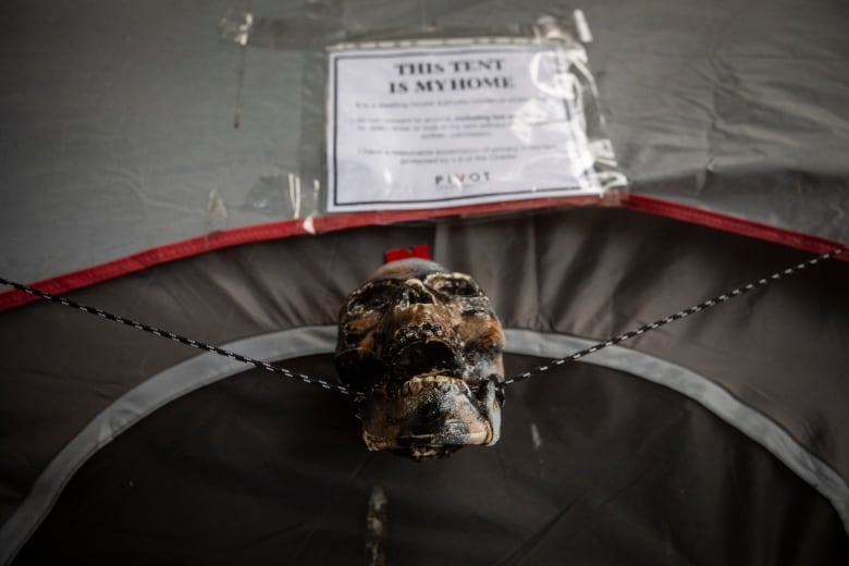 A sheet that reads 'THIS TENT IS MY HOME' is hung on a tent, with a skull ornament beneath it.