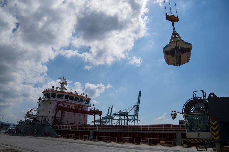 A machine unloads cargo from a ship