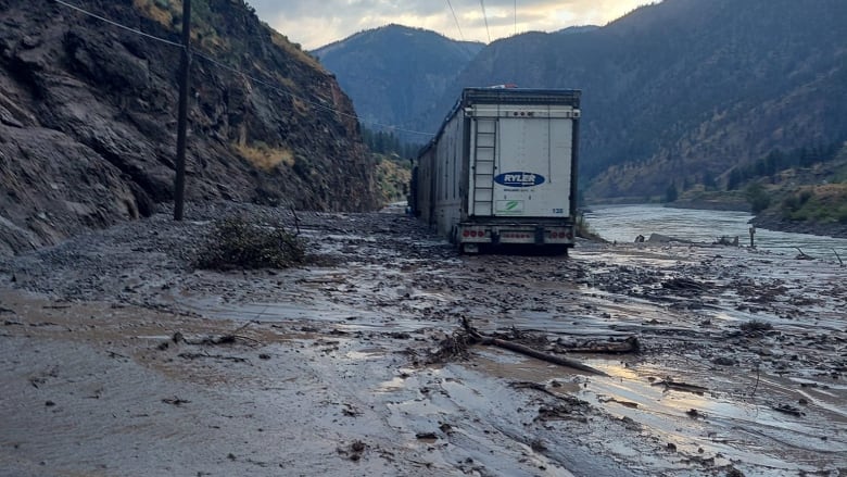 A container truck is seen floating among a sea of debris and mud.