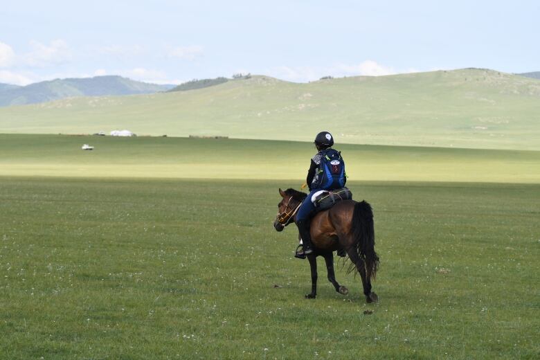 A woman on horseback rides through a green field