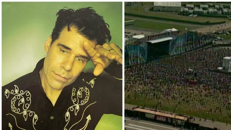 Close-up photo of musician on left. Picture of a huge crowd in front of the main stage at Woodstock '99 on the right.