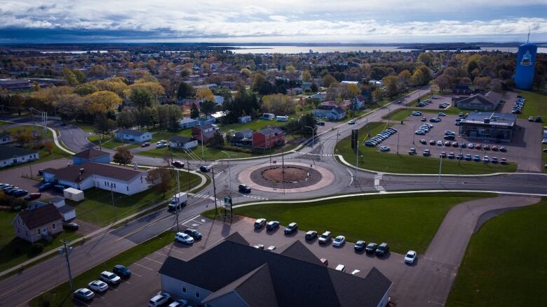 An overhead shot of a roundabout in Summerside.