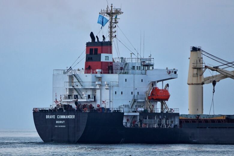 A cargo ship is shown on a body of water.