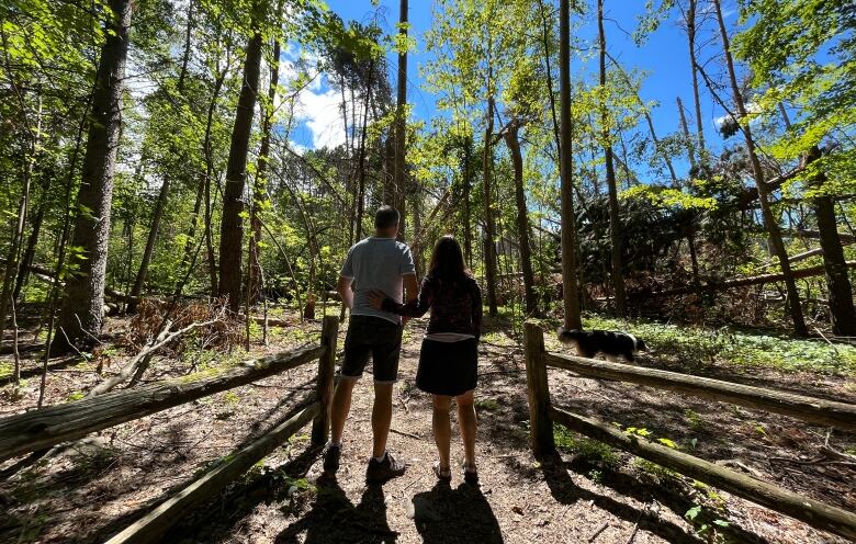 A man and woman look into the woods.