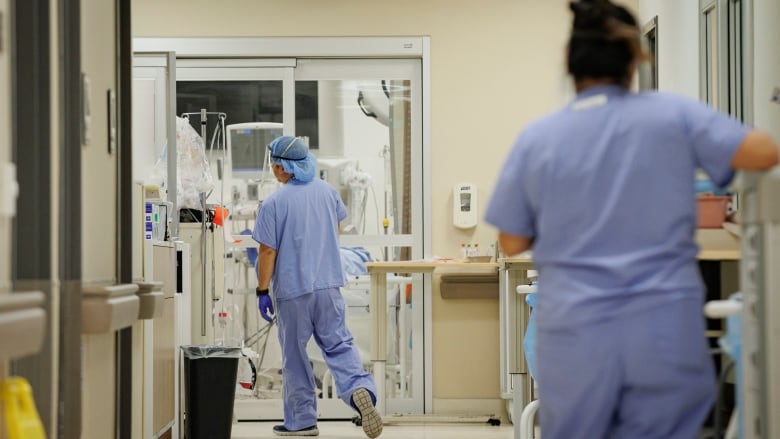 Two nurses stand in a hospital hallway.