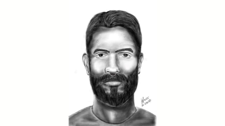 A police sketch of a bearded man with a septum piercing.