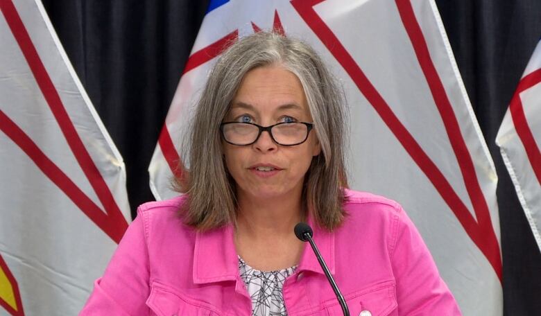 A woman wearing glasses and a pink coat speaks into a microphone, sitting in front of several flags.