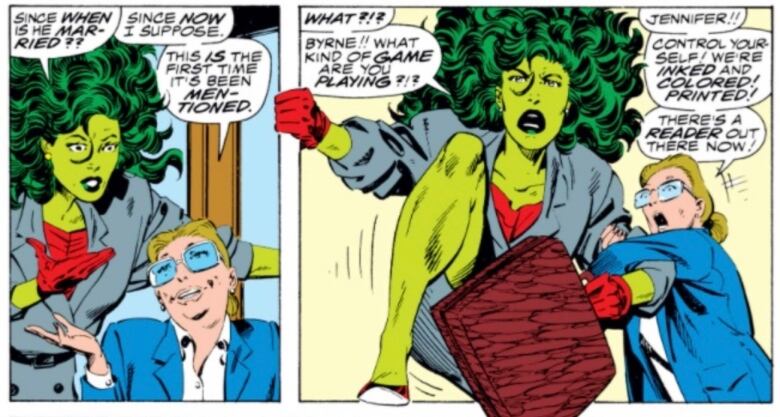 Two panels from a comic book, the last of which a green-skinned woman appears to be climbing out of, while yelling at her unseen illustrator. 