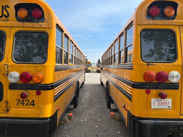 Two yellow school buses are parked next to each other. 