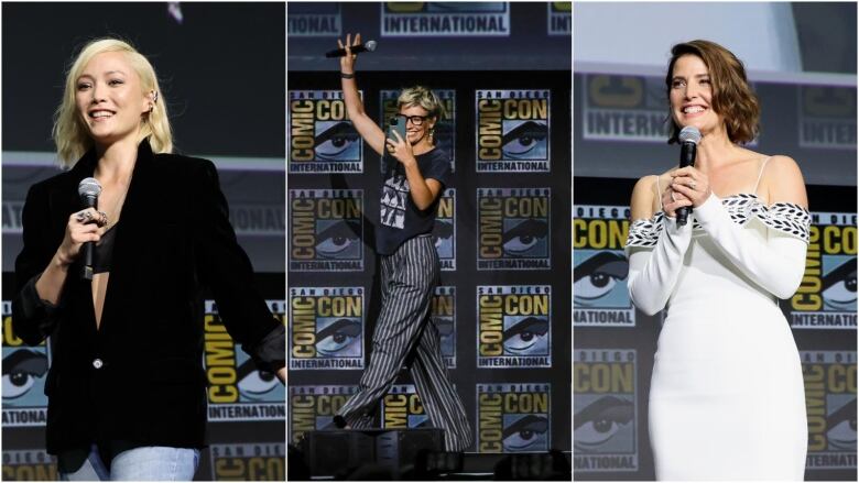 A combination image is shown. On the left, a woman with short blonde hair wearing a blazer smiles while holding a microphone. In the middle a woman points her phone at the camera and holds her a microphone above her head in a wave. On the right a woman in a white dress beams while holding a microphone to her mouth. All three are on a stage in front of a background that reads 