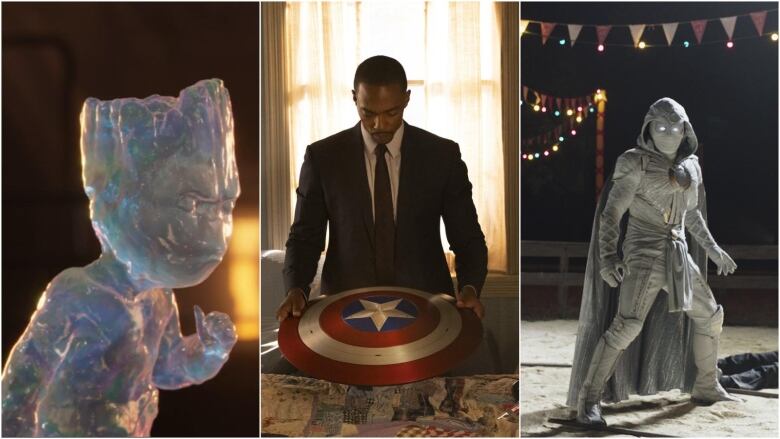 A combination image is shown. On the left, a CGI image of a gelatinous alien is shown.  It has taken on the shape of Marvel character Groot. In the middle, a man wearing a suit holds a red, white and blue shield with a star emblazoned in the centre. On the right, A hooded and masked man wearing all white stands illuminated in floodlights. 