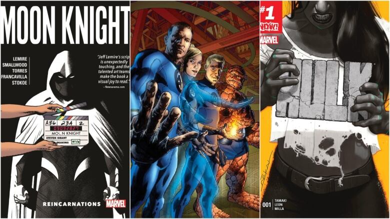 A combination image is shown, all are drawings. On the left is a comic cover with the words 'Moon Knight' across the top. Below, a hooded and masked man scowls while standing behind a movie clapper. In the centre four people in blue spandex look toward the viewer. One has elastic arms, another is semi-translucent, another holds a fireball in his hand and the last is heavily muscled and covered in scales. In the final image a heavily muscled woman with grey skin crushes a concrete block, which is shaped into the word 