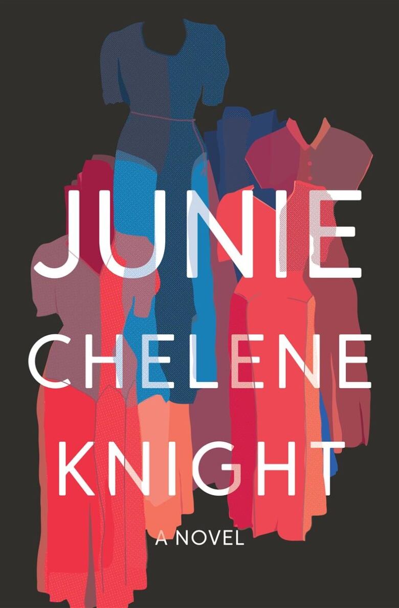 The black book cover features an illustration of about five different blue, pink and orange dresses hanging in the air, overlapping one another. 