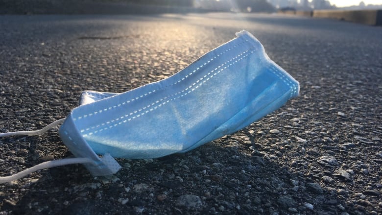 A blue face mask lies on a street.