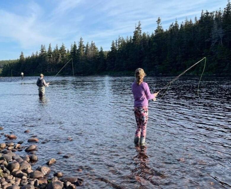 Three salmon anglers stand back on in a river. 