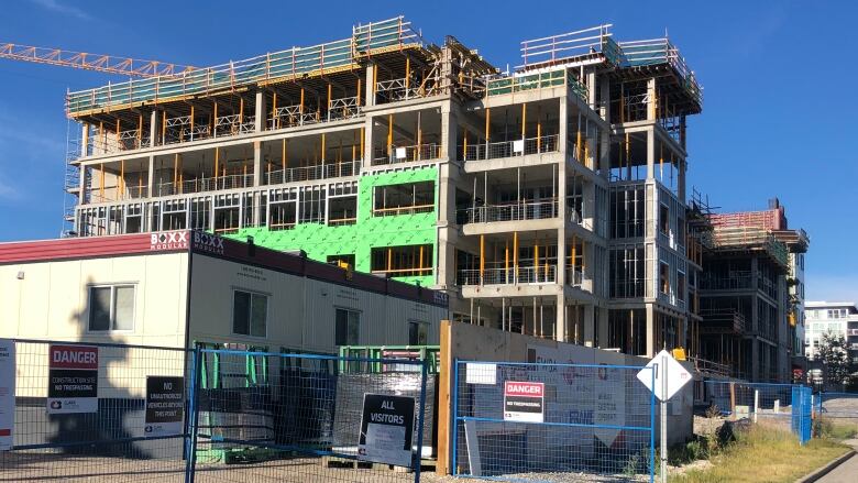 A six-storey building is seen partially built. Safety concerns have halted construction of the Bridgeland Riverside Continuing Care Centre in northeast Calgary.