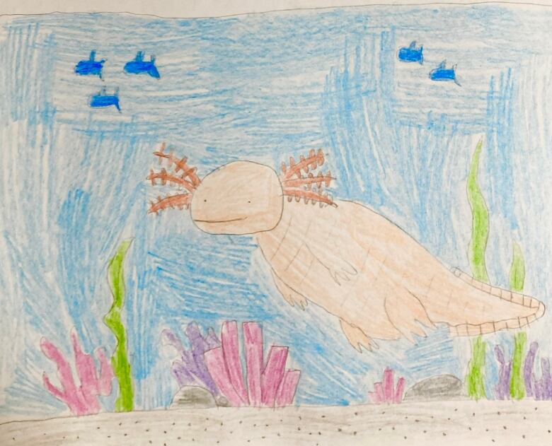 A child's crayon drawing of a smiling lake creature.