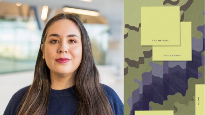 On the left, a photo of writer Emily Riddle looking directly to the camera, wearing a blue shirt. On the right is the cover of her poetry book The Big Melt, which features yellow square graphics over a wavy blue-and-yellow background.