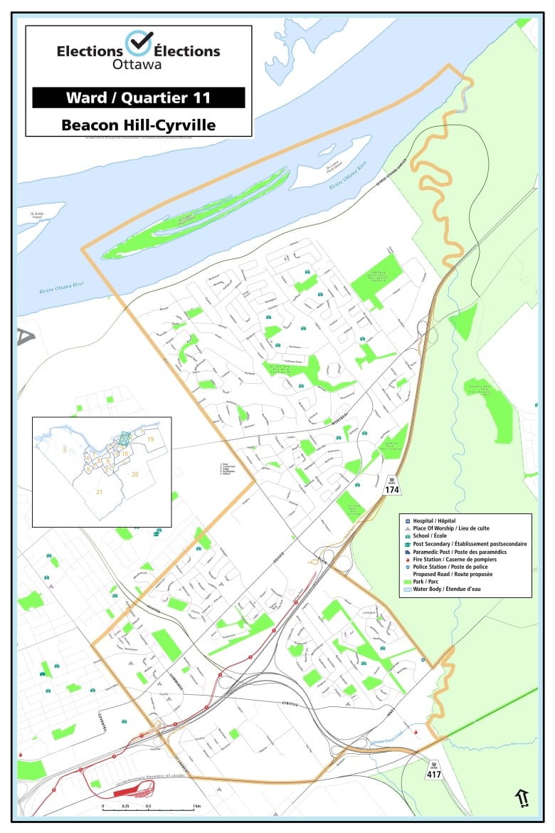 A map shows the boundaries of Ward 11 Beacon Hill-Cyrville.