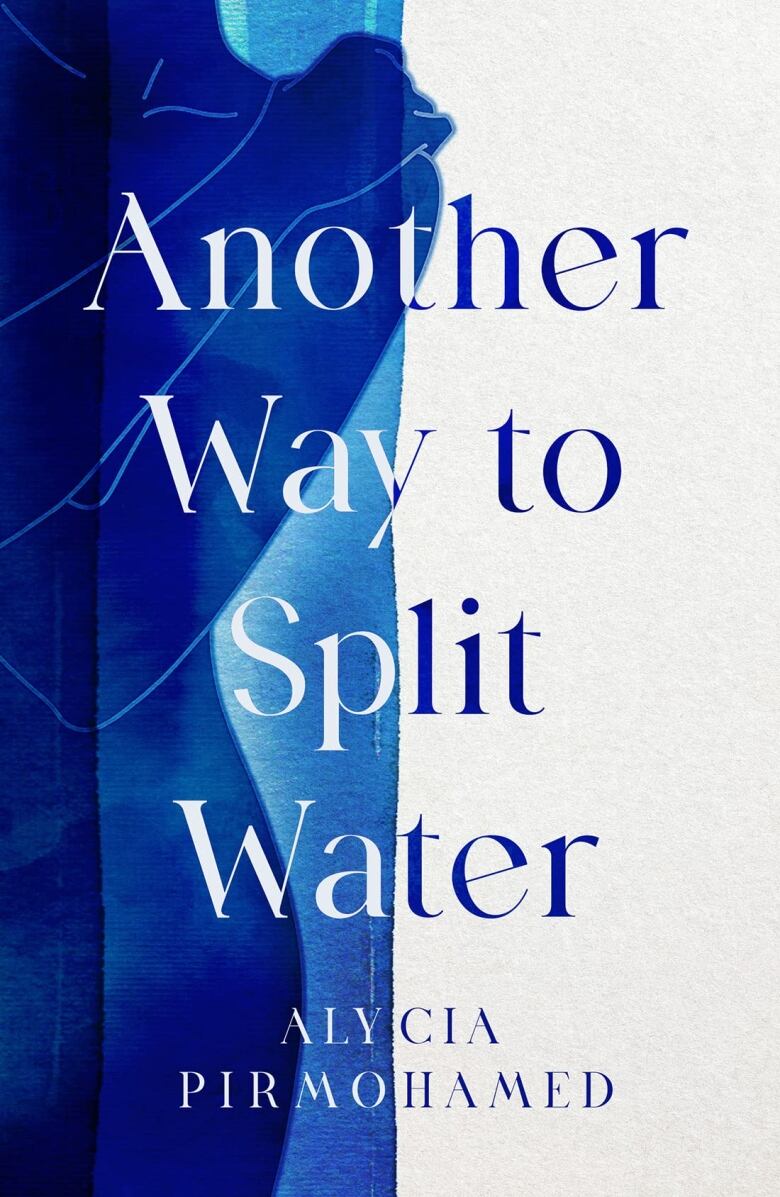 The cover of Alycia Pirmohamed's poetry book Another Way to Split Water, which features a wavy blue graphic on the left side and a plain white background on the right side.