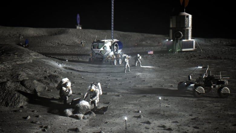 An illustration shows two astronauts in the foreground bending over moon rock. An all-terrain style vehicle is parked nearby. In the background, two astronauts are inspecting the lunar surface. Behind them, more equipment and research vehicles are shown.