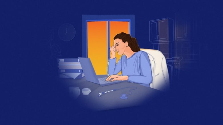 An illustration of a tired looking woman staring at her laptop. A stethoscope sits on the table and a doctor's coat is slung over her chair.