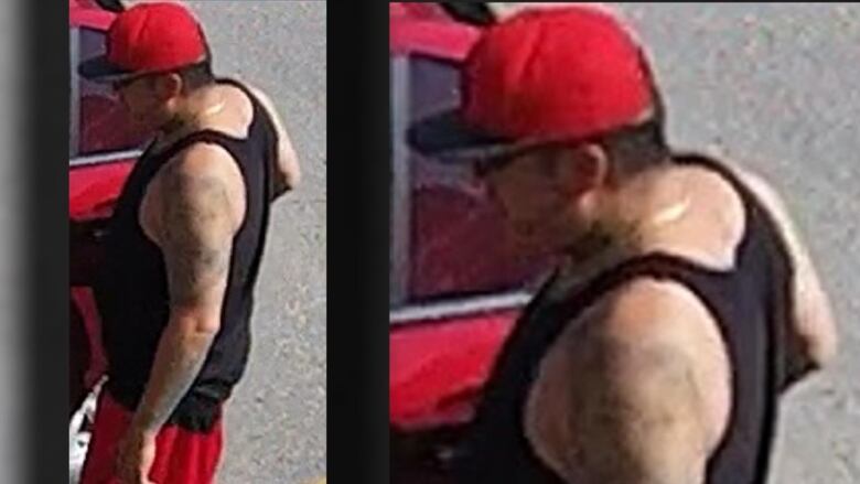 A man in a black tank top and a red ball cap is seen on security camera footage.