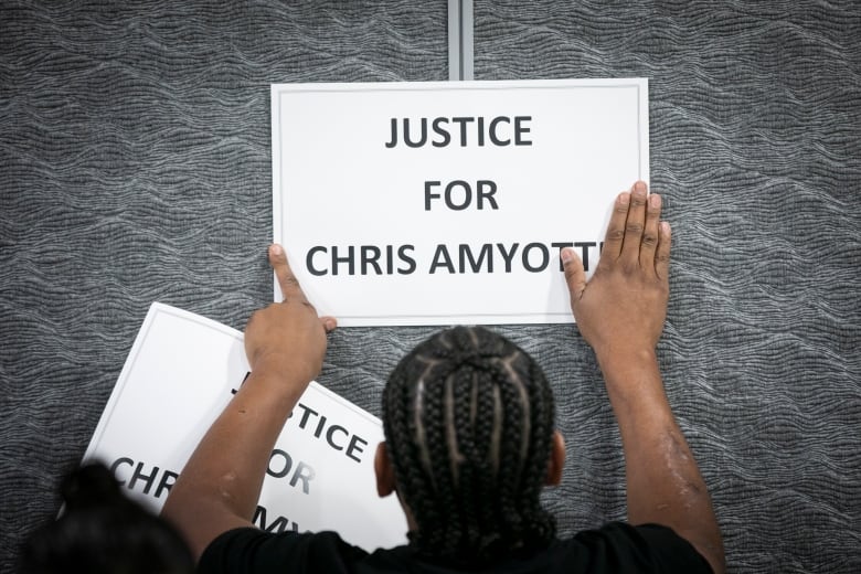 Family of Chris Amyotte, who was killed by a Vancouver Police Department officer is pictured during a press conference in Vancouver, British Columbia on Thursday, September 1, 2022. 