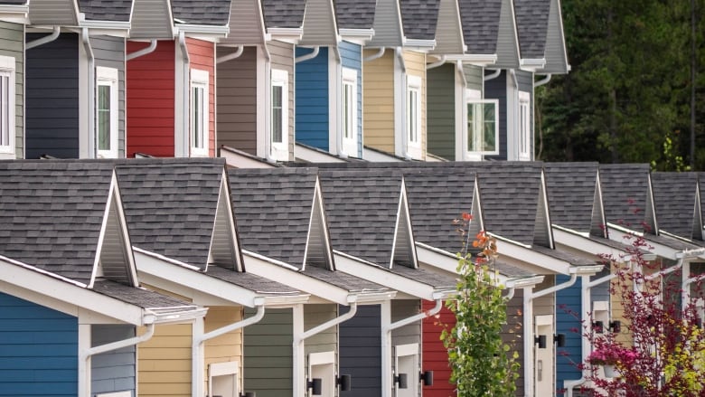 Jaunty row of neat, multicolour townhomes.