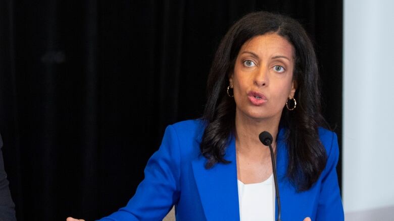 A woman speaks to reporters. 