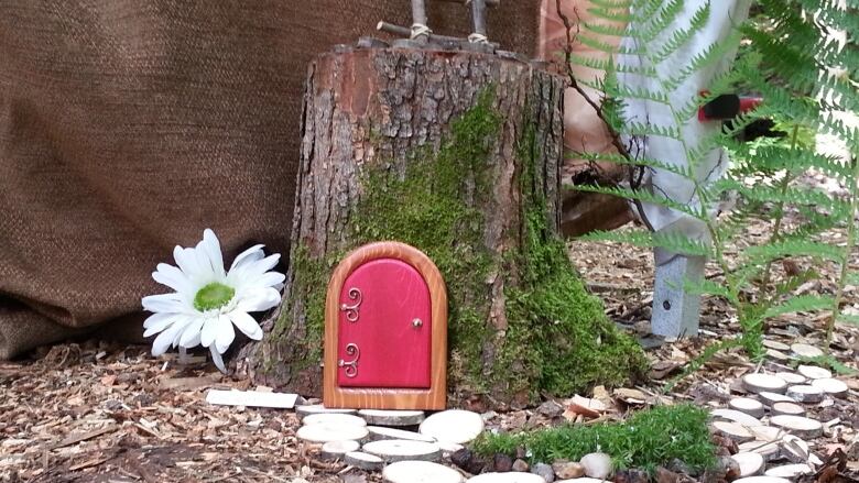 A small fairy-sized red door is mounted onto a mossy stump, with a small footpath extending from the door made of flat pebbles.